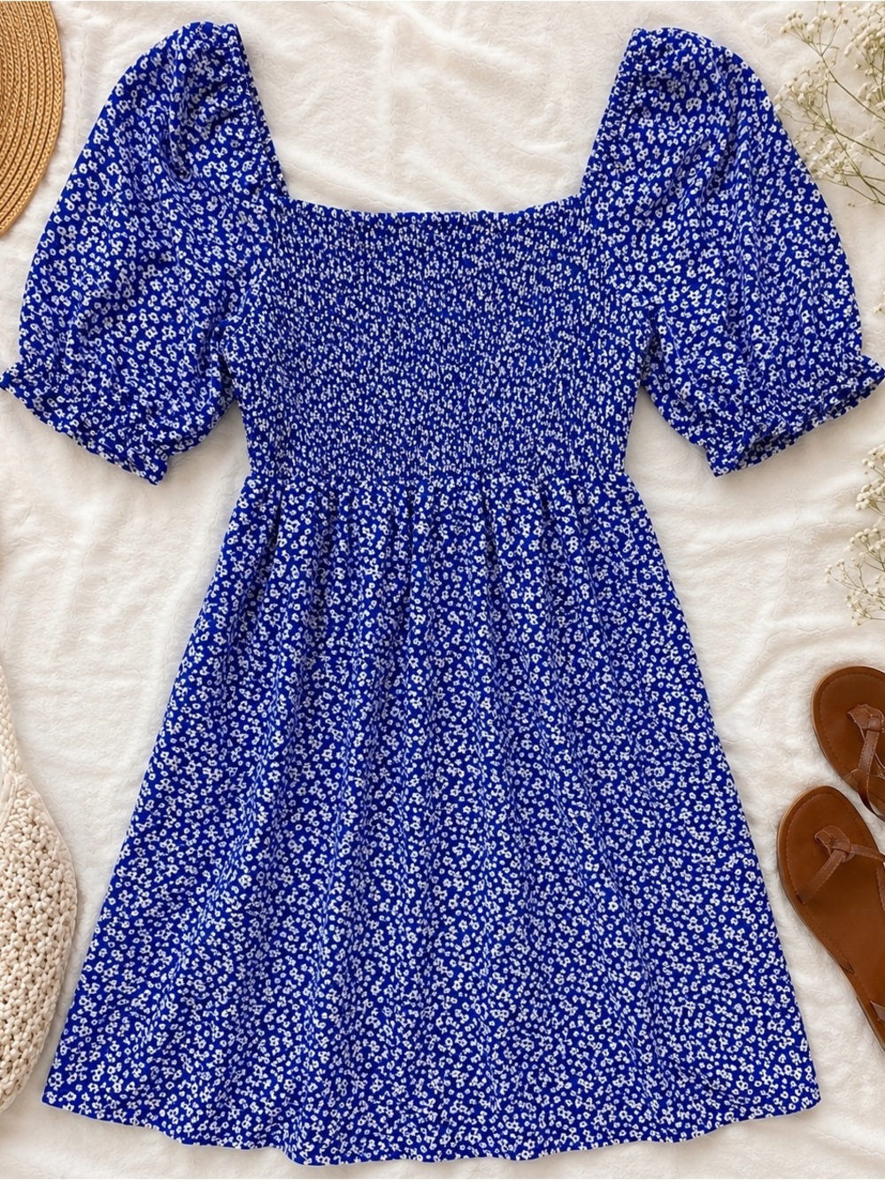 Lush Blue White Floral Puff Sleeve Smocked Mini Dress Size Large